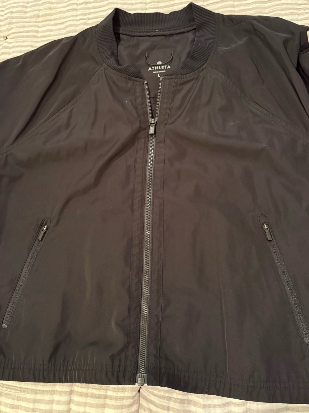 Athleta Black Nylob Bomber Jacket with Zip Pockets
